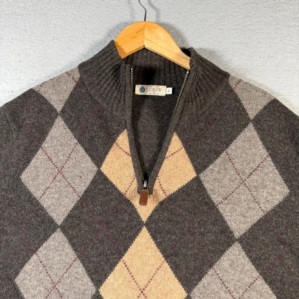 Vintage J Crew Mens Argyle‎ Quarter Zip Sweater Wool XL Brown Tan Gray